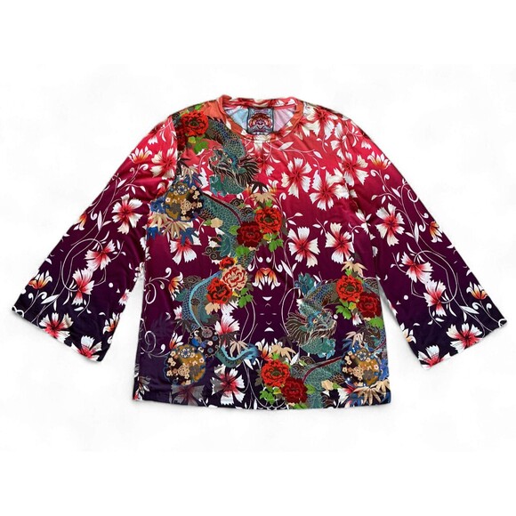 Johnny Was Adalena Kimono Sleeve Tee Women Size M Asian Dragon Floral Print $130 - Picture 8 of 16